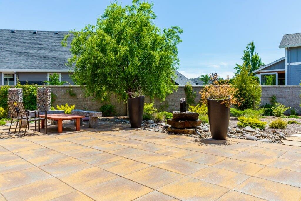 Flagstone patio with urn water feature