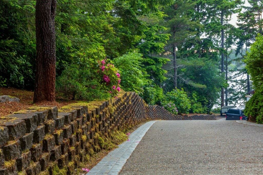 mossy retaining wall along a driveway